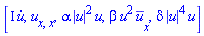 [I*(diff(u(x, t), t)), diff(diff(u(x, t), x), x), alpha*abs(u(x, t))^2*u(x, t), beta*u(x, t)^2*(diff(conjugate(u(x, t)), x)), delta*abs(u(x, t))^4*u(x, t)]