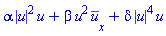 alpha*abs(u(x, t))^2*u(x, t)+beta*u(x, t)^2*(diff(conjugate(u(x, t)), x))+delta*abs(u(x, t))^4*u(x, t)