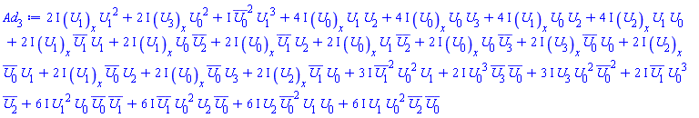 (2*I)*(diff(U[1](x, t), x))*U[1](x, t)^2+(2*I)*(diff(U[3](x, t), x))*U[0](x, t)^2+I*conjugate(U[0](x, t))^2*U[1](x, t)^3+(6*I)*U[1](x, t)^2*U[0](x, t)*conjugate(U[0](x, t))*conjugate(U[1](x, t))+(6*I)*conjugate(U[1](x, t))*U[0](x, t)^2*U[2](x, t)*conjugate(U[0](x, t))+(6*I)*U[2](x, t)*conjugate(U[0](x, t))^2*U[1](x, t)*U[0](x, t)+(6*I)*U[1](x, t)*U[0](x, t)^2*conjugate(U[2](x, t))*conjugate(U[0](x, t))+(3*I)*U[3](x, t)*U[0](x, t)^2*conjugate(U[0](x, t))^2+(2*I)*conjugate(U[1](x, t))*U[0](x, t)^3*conjugate(U[2](x, t))+(4*I)*(diff(U[0](x, t), x))*U[1](x, t)*U[2](x, t)+(4*I)*(diff(U[0](x, t), x))*U[0](x, t)*U[3](x, t)+(4*I)*(diff(U[1](x, t), x))*U[0](x, t)*U[2](x, t)+(4*I)*(diff(U[2](x, t), x))*U[1](x, t)*U[0](x, t)+(2*I)*(diff(U[1](x, t), x))*conjugate(U[1](x, t))*U[1](x, t)+(2*I)*(diff(U[1](x, t), x))*U[0](x, t)*conjugate(U[2](x, t))+(2*I)*(diff(U[0](x, t), x))*conjugate(U[1](x, t))*U[2](x, t)+(2*I)*(diff(U[0](x, t), x))*U[1](x, t)*conjugate(U[2](x, t))+(2*I)*(diff(U[0](x, t), x))*U[0](x, t)*conjugate(U[3](x, t))+(2*I)*(diff(U[3](x, t), x))*conjugate(U[0](x, t))*U[0](x, t)+(2*I)*(diff(U[2](x, t), x))*conjugate(U[0](x, t))*U[1](x, t)+(2*I)*(diff(U[1](x, t), x))*conjugate(U[0](x, t))*U[2](x, t)+(2*I)*(diff(U[0](x, t), x))*conjugate(U[0](x, t))*U[3](x, t)+(2*I)*(diff(U[2](x, t), x))*conjugate(U[1](x, t))*U[0](x, t)+(3*I)*conjugate(U[1](x, t))^2*U[0](x, t)^2*U[1](x, t)+(2*I)*U[0](x, t)^3*conjugate(U[3](x, t))*conjugate(U[0](x, t))