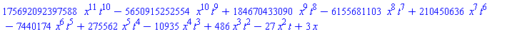 175692092397588*t^10*x^11-5650915252554*t^9*x^10+184670433090*t^8*x^9-6155681103*t^7*x^8+210450636*t^6*x^7-7440174*t^5*x^6+275562*t^4*x^5-10935*t^3*x^4+486*t^2*x^3-27*t*x^2+3*x