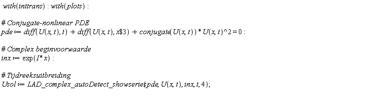 with(inttrans); with(plots); pde := diff(U(x, t), t)+diff(U(x, t), `$`(x, 3))+conjugate(U(x, t))*U(x, t)^2 = 0; inx := exp(I*x); Usol := LAD_complex_autoDetect_showseries(pde, U(x, t), inx, t, 4)