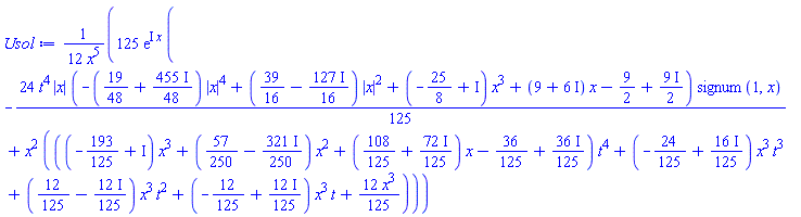 (125/12)*exp(I*x)*(-(24/125)*t^4*abs(x)*((-19/48-(455/48)*I)*abs(x)^4+(39/16-(127/16)*I)*abs(x)^2+(-25/8+I)*x^3+(9+6*I)*x+(-9/2+(9/2)*I))*signum(1, x)+x^2*(((-193/125+I)*x^3+(57/250-(321/250)*I)*x^2+(108/125+(72/125)*I)*x+(-36/125+(36/125)*I))*t^4+(-24/125+(16/125)*I)*x^3*t^3+(12/125-(12/125)*I)*x^3*t^2+(-12/125+(12/125)*I)*x^3*t+(12/125)*x^3))/x^5