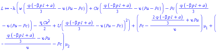-lambda*(w*((1/3)*varphi*(-beta*p1+a)-upsilon*(Pu-Pc))+Ce*((1/3)*varphi*(-beta*p1+a)-upsilon*(Pu-Pc))-Pc*((1/3)*varphi*(-beta*p1+a)-upsilon*(Pu-Pc))-(1/2)*eta*Ce^2+U*((1/3)*varphi*(-beta*p1+a)-upsilon*(Pu-Pc))^2)+(Pc-((2/3)*varphi*(-beta*p1+a)+upsilon*Pu)/upsilon)*mu[1]+(-((1/3)*varphi*(-beta*p1+a)-upsilon*Pu)/upsilon-Pc)*mu[2]