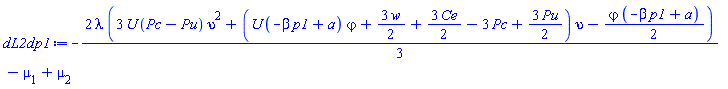 -(2/3)*lambda*(3*U*(Pc-Pu)*upsilon^2+(U*(-beta*p1+a)*varphi+(3/2)*w+(3/2)*Ce-3*Pc+(3/2)*Pu)*upsilon-(1/2)*varphi*(-beta*p1+a))-mu[1]+mu[2]