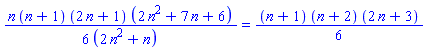(1/6)*n*(n+1)*(2*n+1)*(2*n^2+7*n+6)/(2*n^2+n) = (1/6)*(n+1)*(n+2)*(2*n+3)