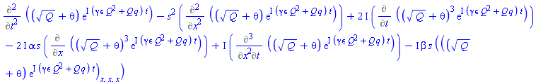 Diff((Q^(1/2)+theta(x, t))*exp(I*(Q^2*epsilon*gamma+Q*q)*t), t, t)-s^2*(Diff((Q^(1/2)+theta(x, t))*exp(I*(Q^2*epsilon*gamma+Q*q)*t), x, x))+(2*I)*(Diff((Q^(1/2)+theta(x, t))^3*exp(I*(Q^2*epsilon*gamma+Q*q)*t), t))-(2*I)*alpha*s*(Diff((Q^(1/2)+theta(x, t))^3*exp(I*(Q^2*epsilon*gamma+Q*q)*t), x))+I*(Diff((Q^(1/2)+theta(x, t))*exp(I*(Q^2*epsilon*gamma+Q*q)*t), x, x, t))-I*beta*s*(diff(diff(diff((Q^(1/2)+theta(x, t))*exp(I*(Q^2*epsilon*gamma+Q*q)*t), x), x), x))