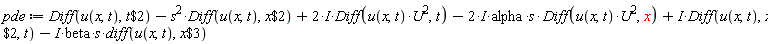 pde := Diff(u(x, t), `$`(t, 2))-s^2*(Diff(u(x, t), `$`(x, 2)))+(2*I)*(Diff(u(x, t)*U^2, t))-(2*I)*alpha*s*(Diff(u(x, t)*U^2, x))+I*(Diff(u(x, t), `$`(x, 2), t))-I*beta*s*(diff(u(x, t), `$`(x, 3)))