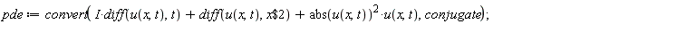 pde := convert(I*(diff(u(x, t), t))+diff(u(x, t), `$`(x, 2))+abs(u(x, t))^2*u(x, t), conjugate)