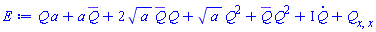 Q(x, t)*a+a*conjugate(Q(x, t))+2*a^(1/2)*conjugate(Q(x, t))*Q(x, t)+a^(1/2)*Q(x, t)^2+conjugate(Q(x, t))*Q(x, t)^2+I*(diff(Q(x, t), t))+diff(diff(Q(x, t), x), x)