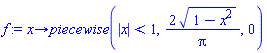 proc (x) options operator, arrow; piecewise(abs(x) < 1, 2*sqrt(1-x^2)/Pi, 0) end proc