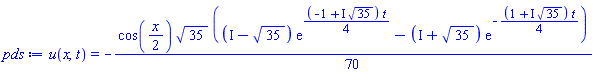 u(x, t) = -(1/70)*cos((1/2)*x)*35^(1/2)*((I-35^(1/2))*exp((1/4)*(-1+I*35^(1/2))*t)-(I+35^(1/2))*exp(-(1/4)*(1+I*35^(1/2))*t))