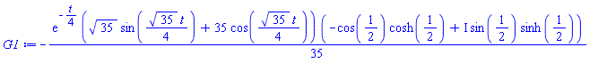 -(1/35)*exp(-(1/4)*t)*(35^(1/2)*sin((1/4)*35^(1/2)*t)+35*cos((1/4)*35^(1/2)*t))*(-cos(1/2)*cosh(1/2)+I*sin(1/2)*sinh(1/2))