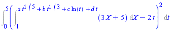 Int((Int(3*X+5, X = 1 .. a*t^(1/5)+b*t^(1/3)+c*ln(t)+d*t)-2*t)^2, t = 0 .. 5)