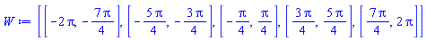 [[-2*Pi, -(7/4)*Pi], [-(5/4)*Pi, -(3/4)*Pi], [-(1/4)*Pi, (1/4)*Pi], [(3/4)*Pi, (5/4)*Pi], [(7/4)*Pi, 2*Pi]]