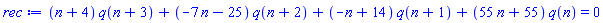 (n+4)*q(n+3)+(-7*n-25)*q(n+2)+(-n+14)*q(n+1)+(55*n+55)*q(n) = 0