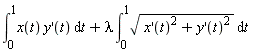 int(x(t)*(D(y))(t), t = 0 .. 1)+lambda*(int(sqrt((D(x))(t)^2+(D(y))(t)^2), t = 0 .. 1))