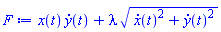 x(t)*(diff(y(t), t))+lambda*((diff(x(t), t))^2+(diff(y(t), t))^2)^(1/2)