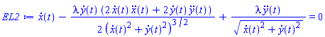 diff(x(t), t)-(1/2)*lambda*(diff(y(t), t))*(2*(diff(x(t), t))*(diff(diff(x(t), t), t))+2*(diff(y(t), t))*(diff(diff(y(t), t), t)))/((diff(x(t), t))^2+(diff(y(t), t))^2)^(3/2)+lambda*(diff(diff(y(t), t), t))/((diff(x(t), t))^2+(diff(y(t), t))^2)^(1/2) = 0