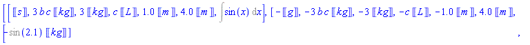 [[Units:-Unit(s), 3*b*c*Units:-Unit(kg), 3*Units:-Unit(kg), c*Units:-Unit(L), 1.0*Units:-Unit(m), 4.0*Units:-Unit(m), Int(sin(x), x)], [-Units:-Unit(g), -3*b*c*Units:-Unit(kg), -3*Units:-Unit(kg), -c*Units:-Unit(L), -1.0*Units:-Unit(m), 4.0*Units:-Unit(m), -%sin(2.1)*Units:-Unit(kg)]]