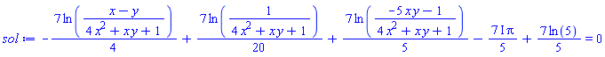 -(7/4)*ln((x-y)/(4*x^2+x*y+1))+(7/20)*ln(1/(4*x^2+x*y+1))+(7/5)*ln((-5*x*y-1)/(4*x^2+x*y+1))-((7/5)*I)*Pi+(7/5)*ln(5) = 0