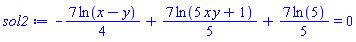-(7/4)*ln(x-y)+(7/5)*ln(5*x*y+1)+(7/5)*ln(5) = 0